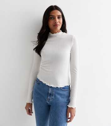 Off White Ribbed Jersey Long Sleeve Frill Hem Top