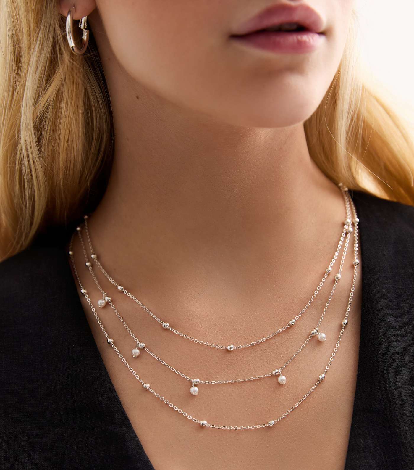 Silver Faux Pearl Layered Chain Necklace