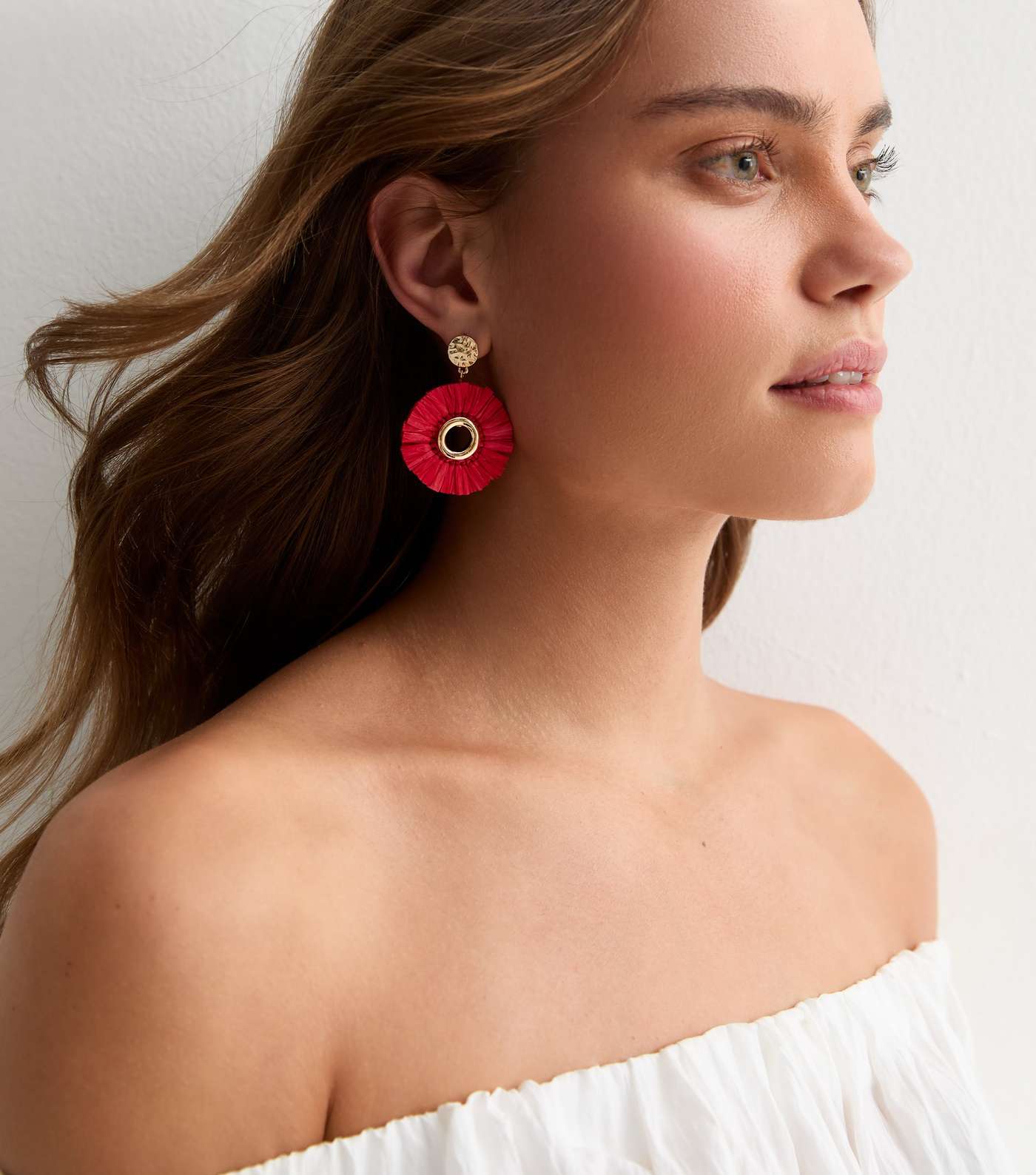 Red Circle Straw Drop Earrings Image 2