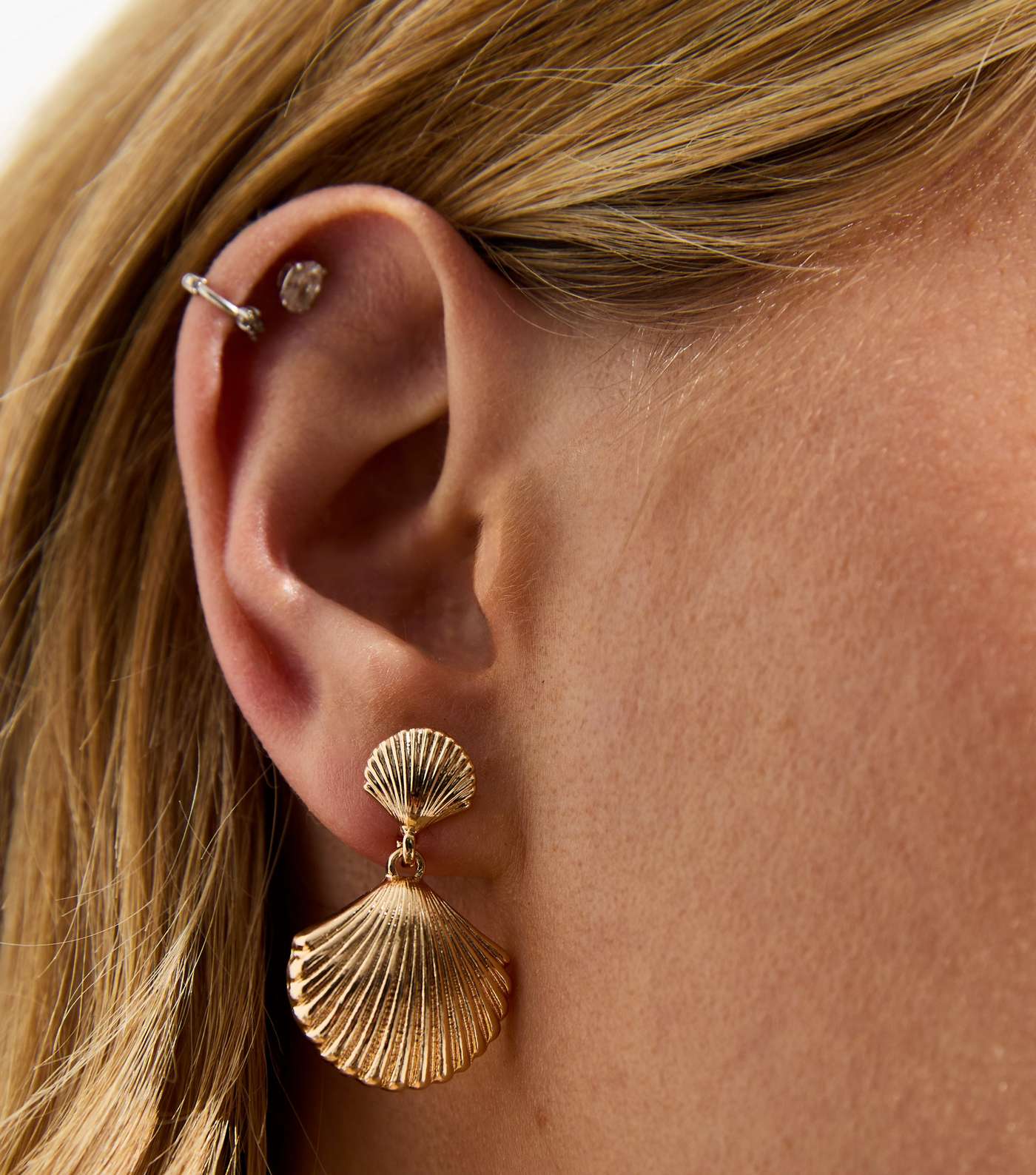Gold Double Shell Drop Earrings Image 2