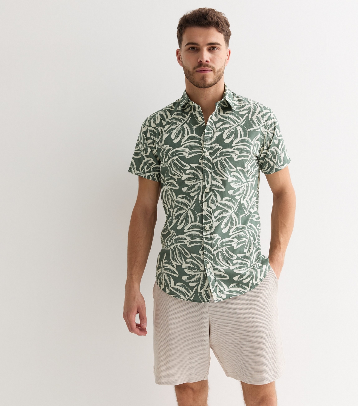 Men's Olive Leaf Print Cotton Short Sleeve Shirt Jack & Jones New Look