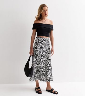 Gini London Black Zebra Print Satin Midi Skirt New Look