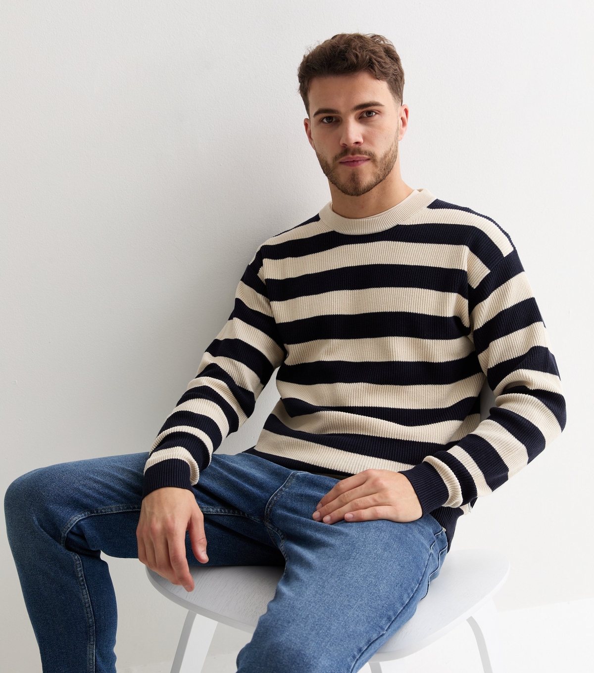 Men's Navy Relaxed Stripe Knit Crew Neck Jumper Jack & Jones New Look