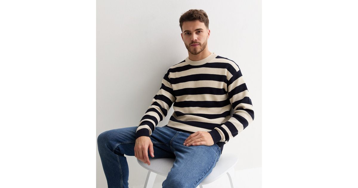 Jack Jones Navy Relaxed Stripe Knit Crew Neck Jumper New Look
