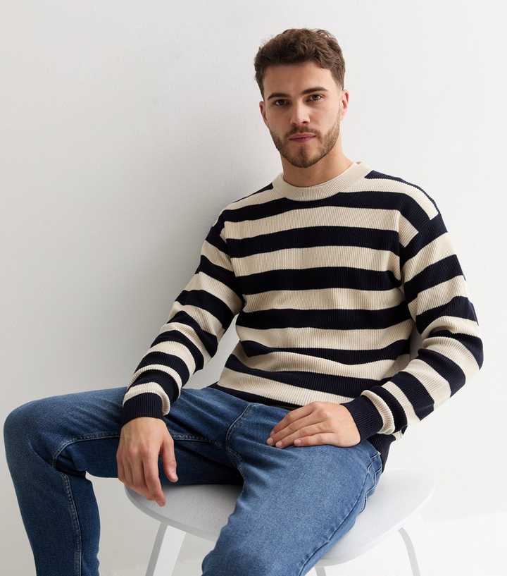 Jack Jones Navy Relaxed Stripe Knit Crew Neck Jumper New Look