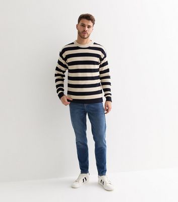 Men's Jack & Jones Navy Relaxed Stripe Knit Crew Neck Jumper New Look