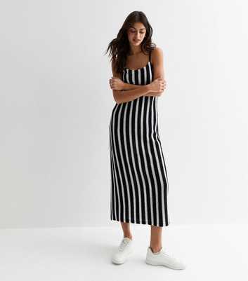Black Stripe Knit Strappy Midi Dress