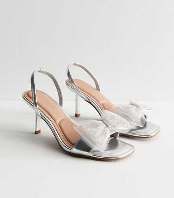Silver Leather-Look Diamanté-Embellished Bow Slingback Sandals