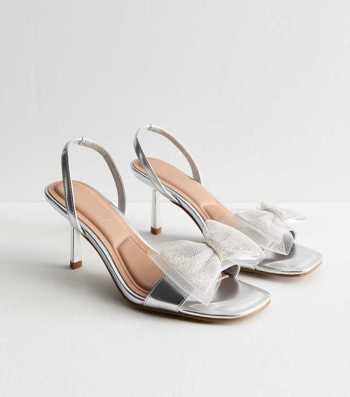 Silver Leather-Look Diamanté-Embellished Bow Slingback Sandals