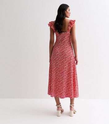 Red Ditsy Print Sweetheart Ruched Midi Dress New Look