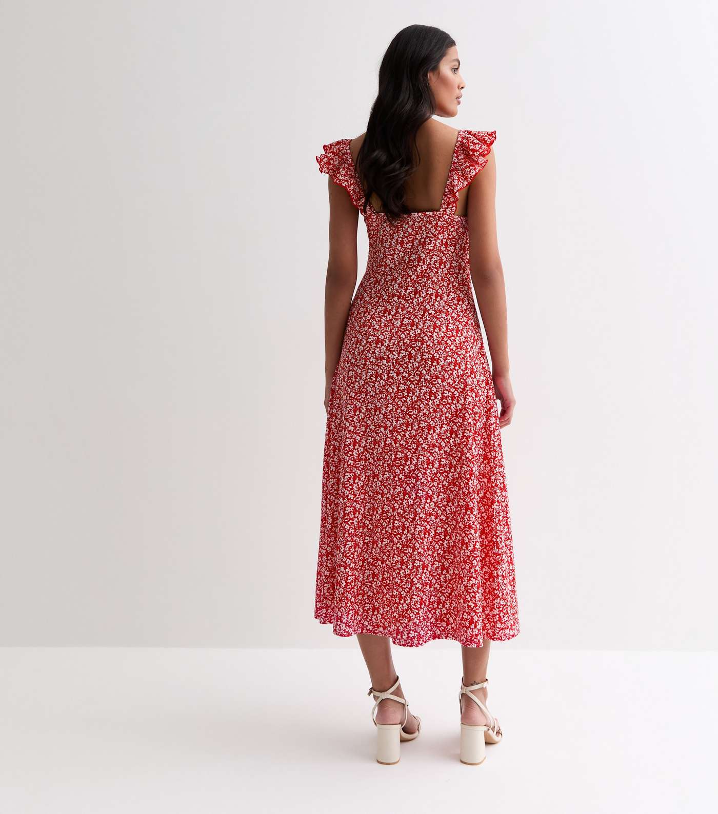 Red Ditsy Print Sweetheart Ruched Midi Dress Image 4
