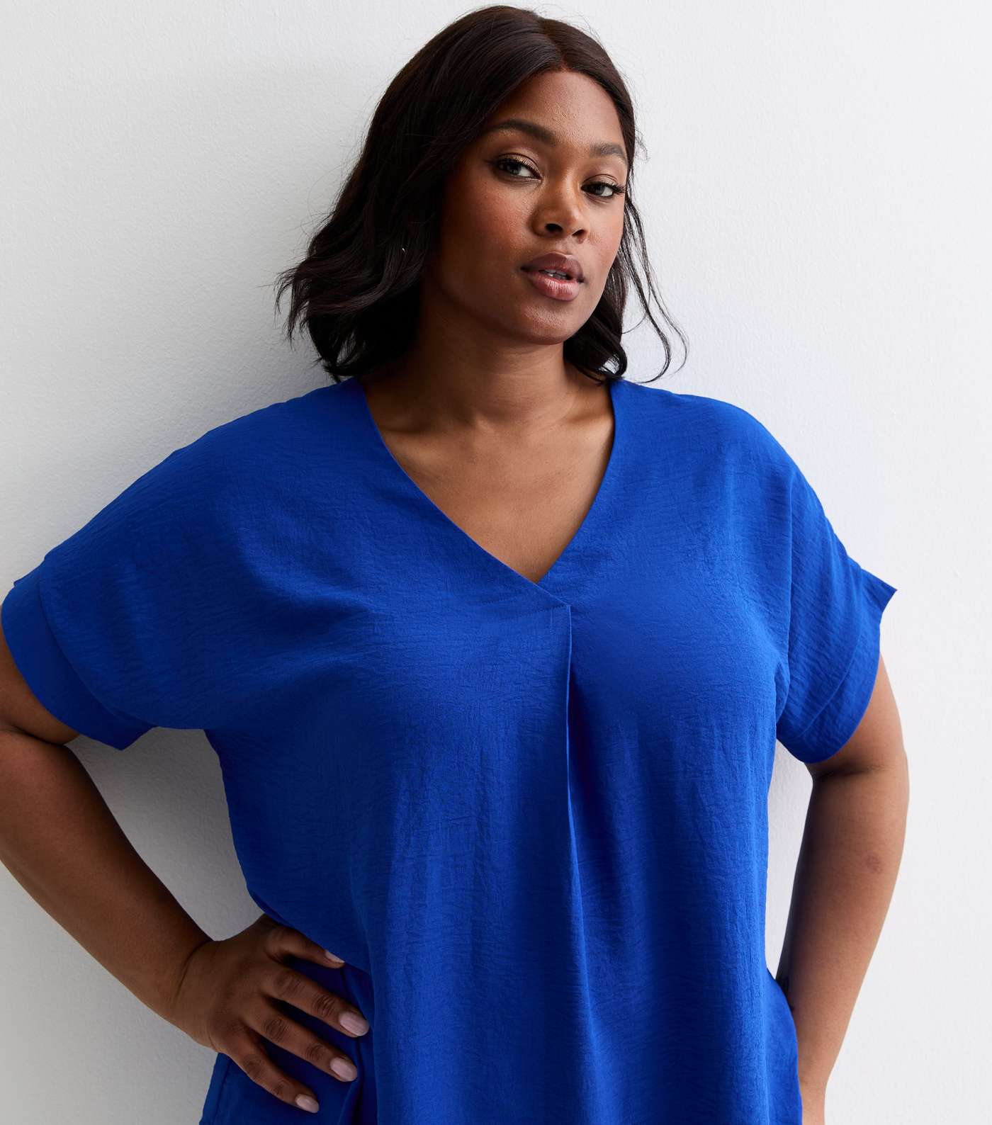 Curves Blue Notched Short Sleeve Top Image 2