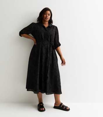 Curves Black Embroidered Belted Shirt Midi Dress