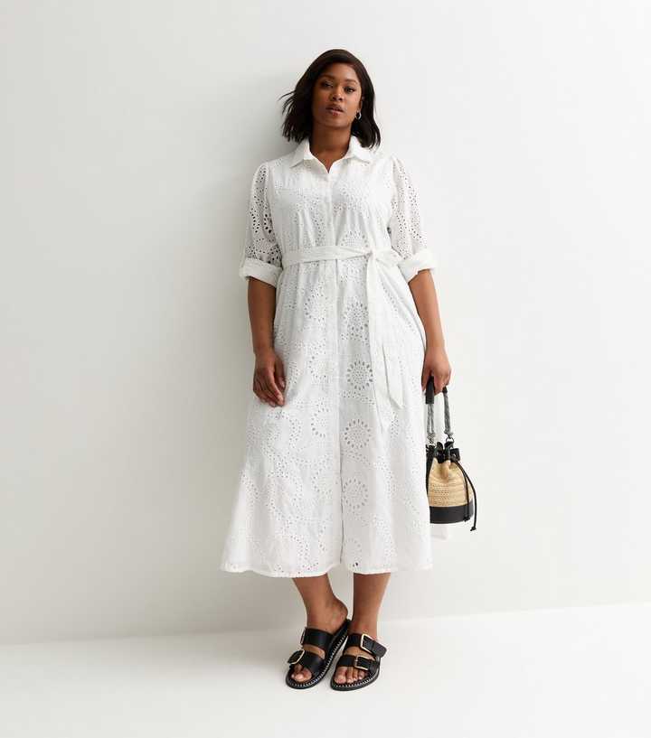 Curves White Embroidered Belted Shirt Midi Dress