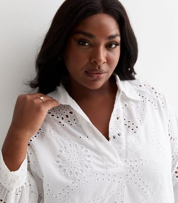 Curves White Broderie Long Sleeve Shirt New Look