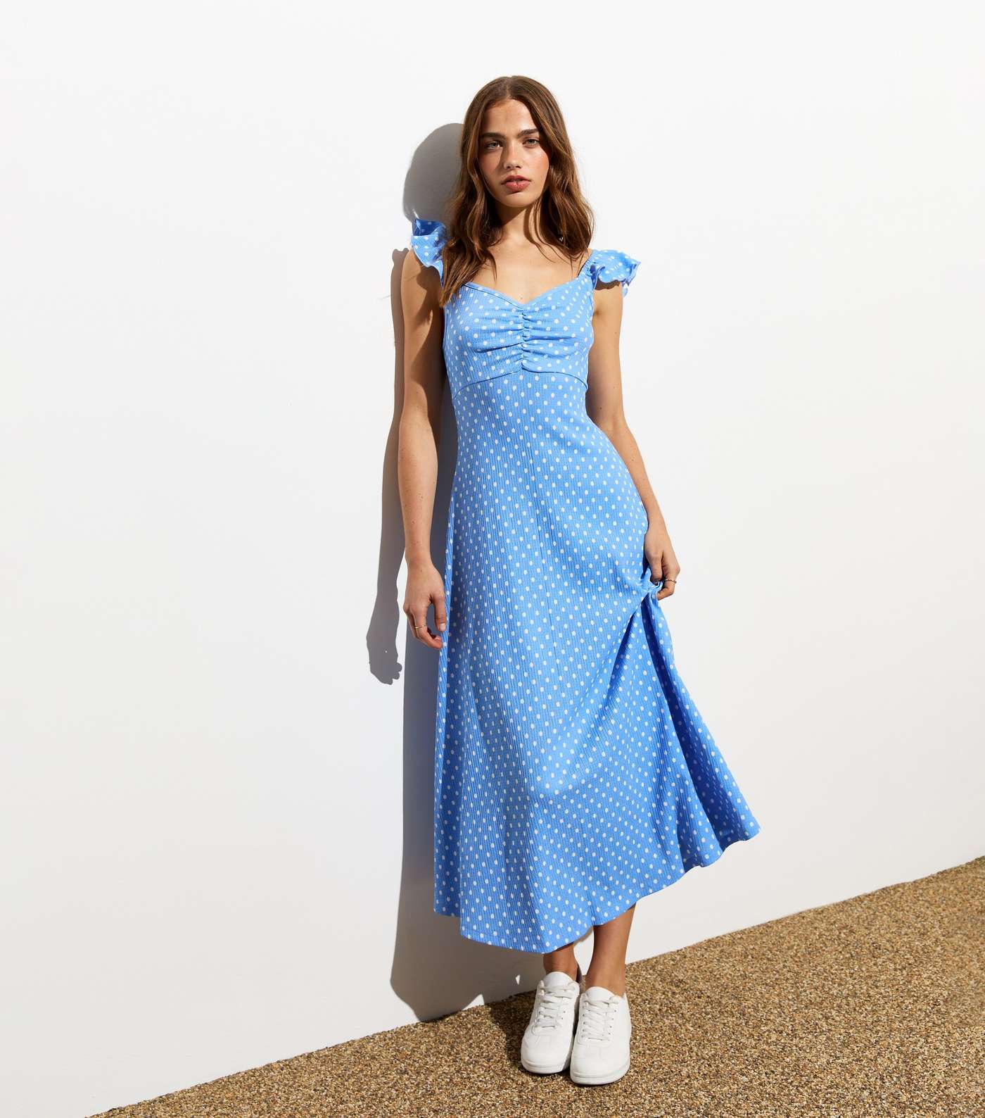 Blue Spot Crinkle Ruched Front Midi Dress