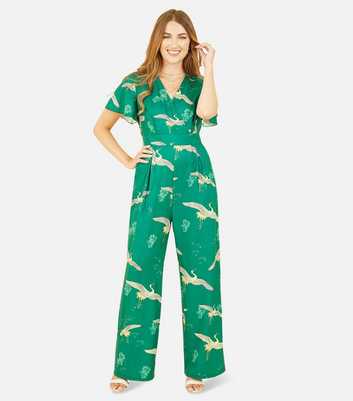Yumi Green Crane Print Flutter Sleeve Jumpsuit