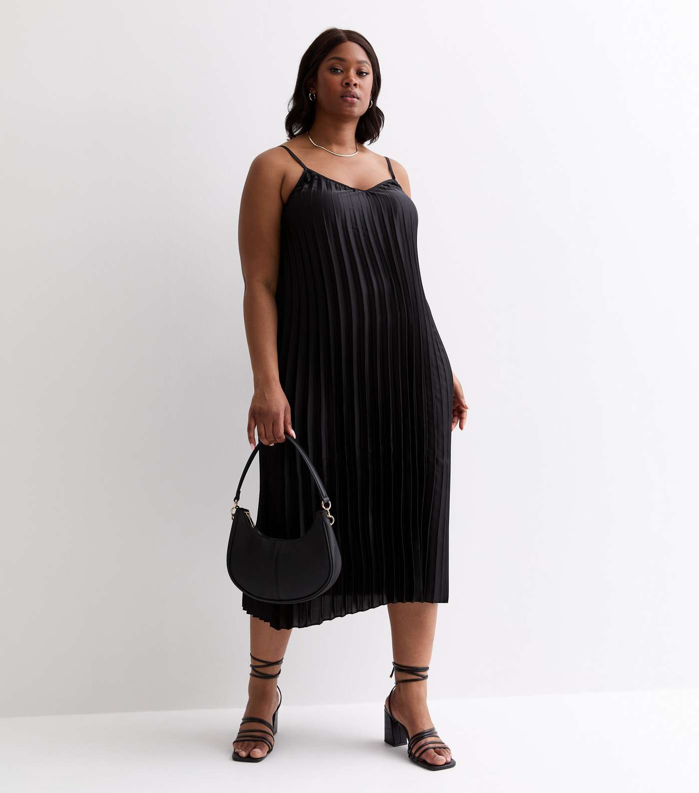 Curves Black Satin Pleated Strappy Midi Dress Image 4