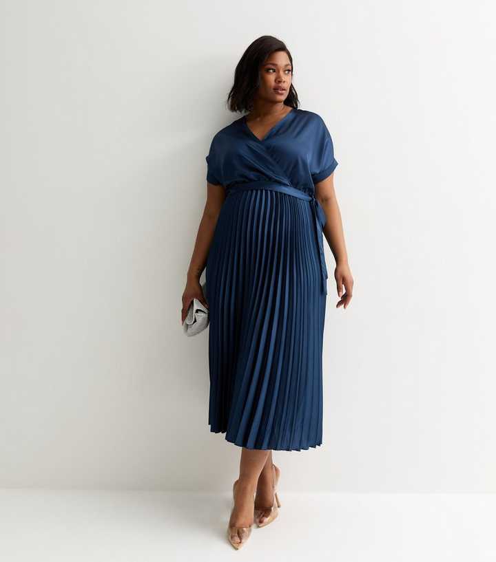Curves Navy Satin Pleated Wrap Midi Dress