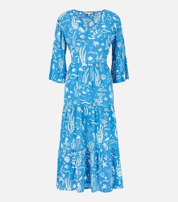 Yumi Bright Blue Sea Life Print Tiered Midi Dress New Look