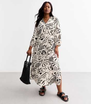 Curves White Shell Print Midi Shirt Dress 