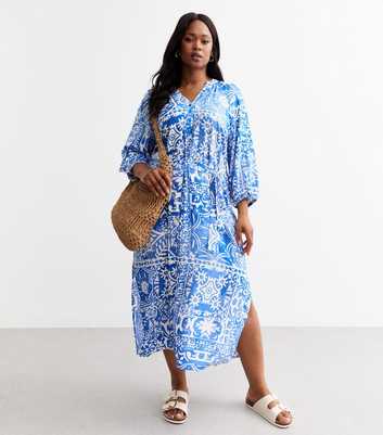 Curves Blue Patterned Midi Shirt Dress 