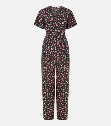 Yumi Black Floral Flutter Sleeve Jumpsuit New Look