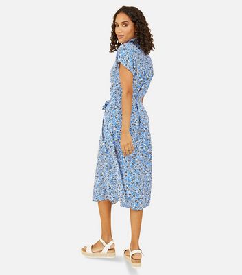 Yumi Blue Floral Belted Shirt Midi Dress New Look