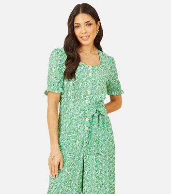 Yumi Green Floral Button Front Jumpsuit New Look