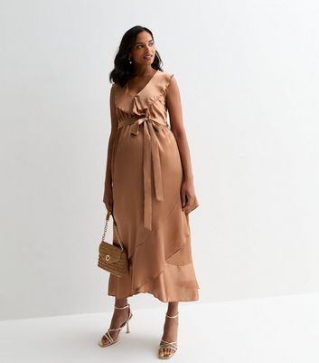 Maternity Brown Tie-Waist Frill-Trim Midi Dress New Look