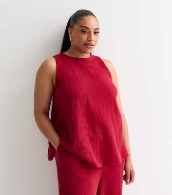 Curves Red Textured Cotton Sleeveless Top