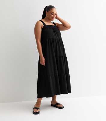 Curves Black Crinkle Tiered Midi Dress