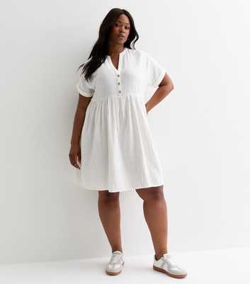 Curves White Cotton Button-Through Mini Smock Dress