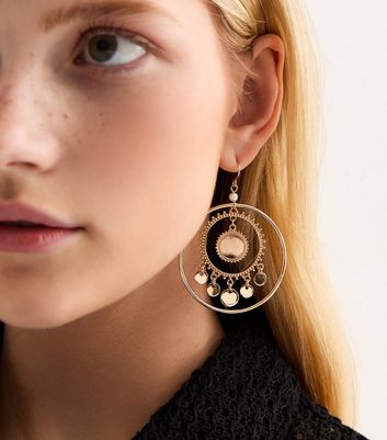 Gold Double Circle Disc Drop Earrings New Look