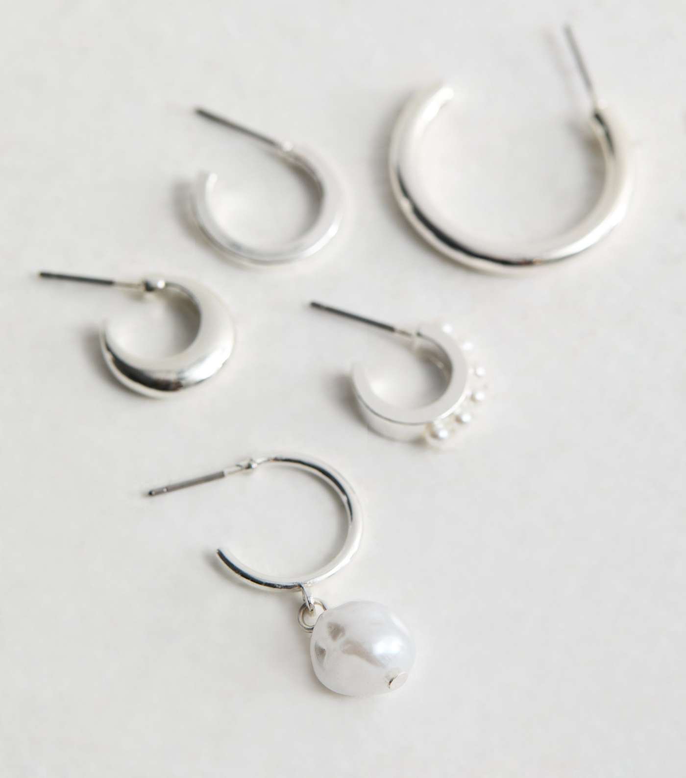 6 Pack Silver Mixed Faux Pearl Hoop Earrings Image 4