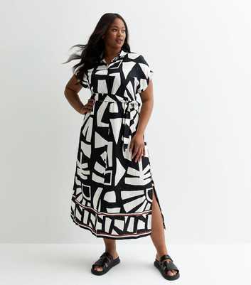 Curves Black Abstract Print Shirt Midi Dress