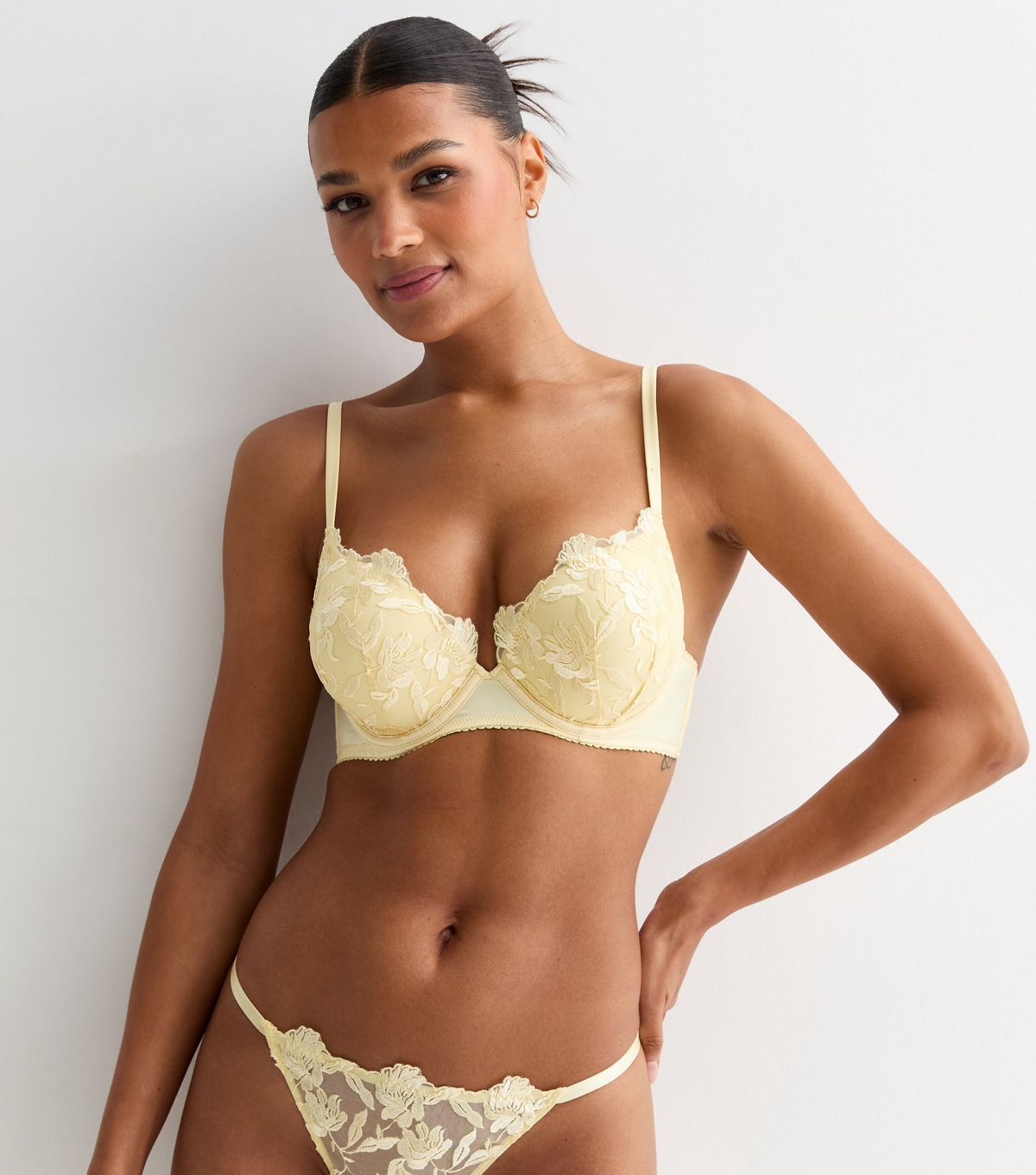 Women's Pale Yellow Floral Embroidered Boost Bra New Look