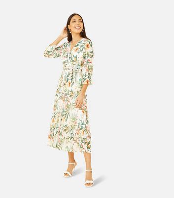 Yumi Off White Floral Pleated Wrap Midi Dress New Look
