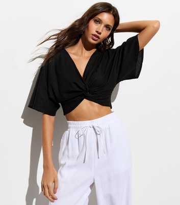 Black Linen-Blend Twist Front Top