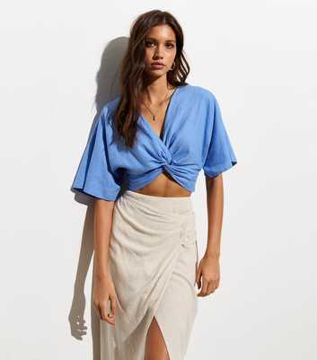 Pale Blue Linen-Blend Twist Front Top