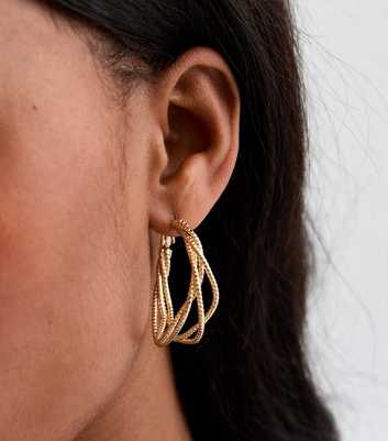 Gold Textured Crossover Midi Hoop Earrings