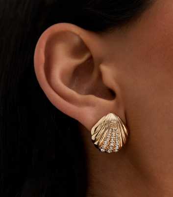 Gold Tone Diamanté-Stud Shell Earrings 