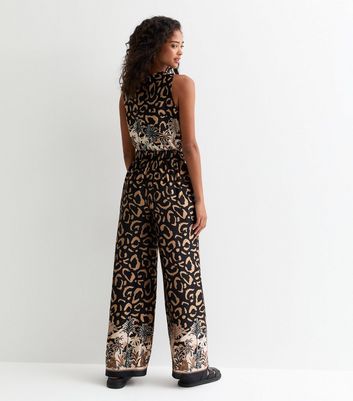 Black Satin Jungle-Print Wide Leg Trousers New Look