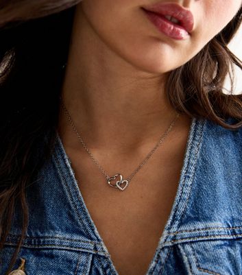 Silver Diamante Trim Double Heart Pendant Necklace New Look