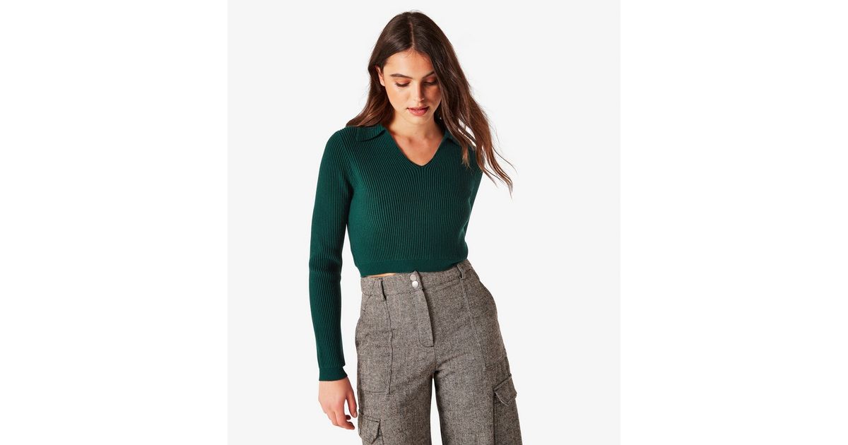 Apricot Green Ribbed Collared Crop Jumper | New Look