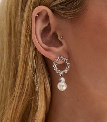 Silver Cubic Zirconia Faux Pearl Drop Earrings