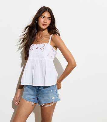 White Cotton Floral-Embroidered Cami Top