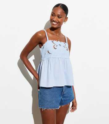 Pale Blue Cotton Floral-Embroidered Cami Top