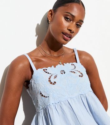 Pale Blue Cotton Floral-Embroidered Cami Top New Look