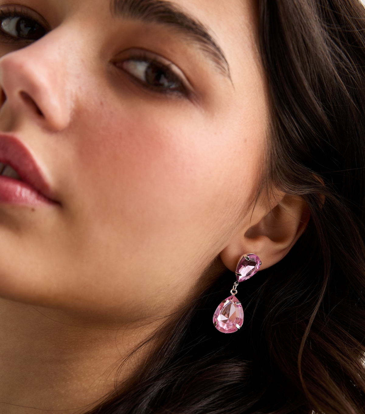 Pink Diamante Gem Tear Drop Earrings New Look